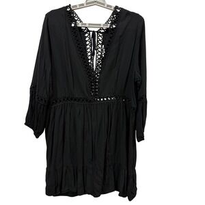 Haute‎ Curve Black Crochet Trim V-Neck Mini Dress Plus 1X Boho Long Sleeve
